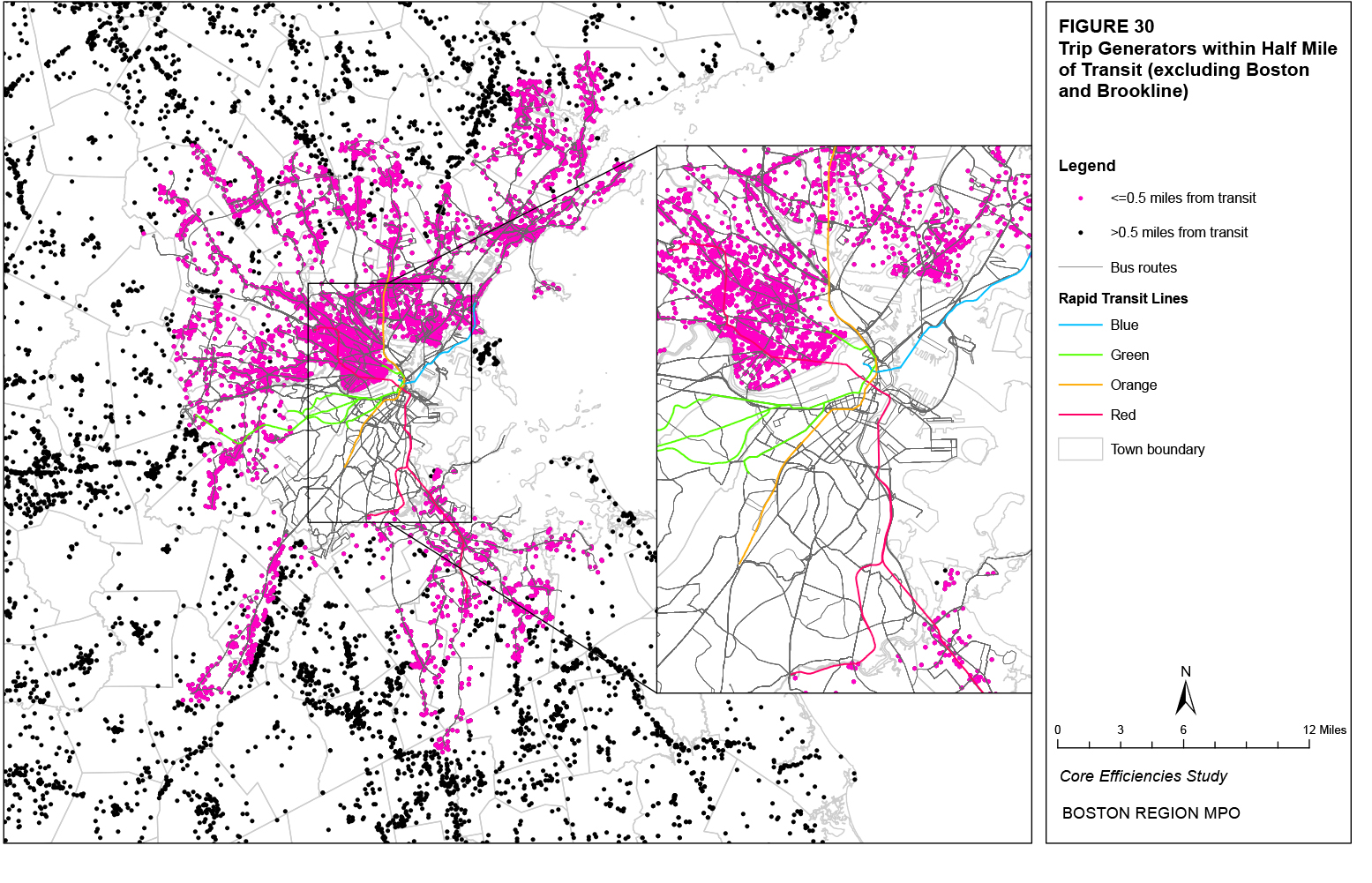 This map shows the locations of trip generators within a half mile of transit, excluding Boston and Brookline.